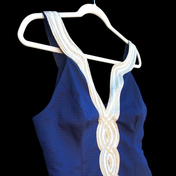 Lilly Pulitzer Valli Shift Dress Size 6 Navy Blue White Gold Sleeveless Cotton - Picture 4 of 13